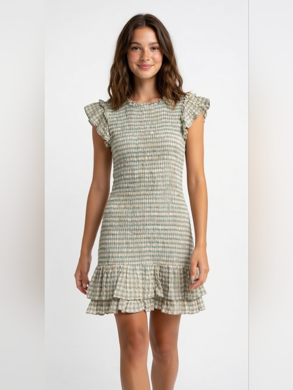 NWT Veronica Beard Cici in Green Beige Gingham Smocked Seersucker Mini Dress 14
